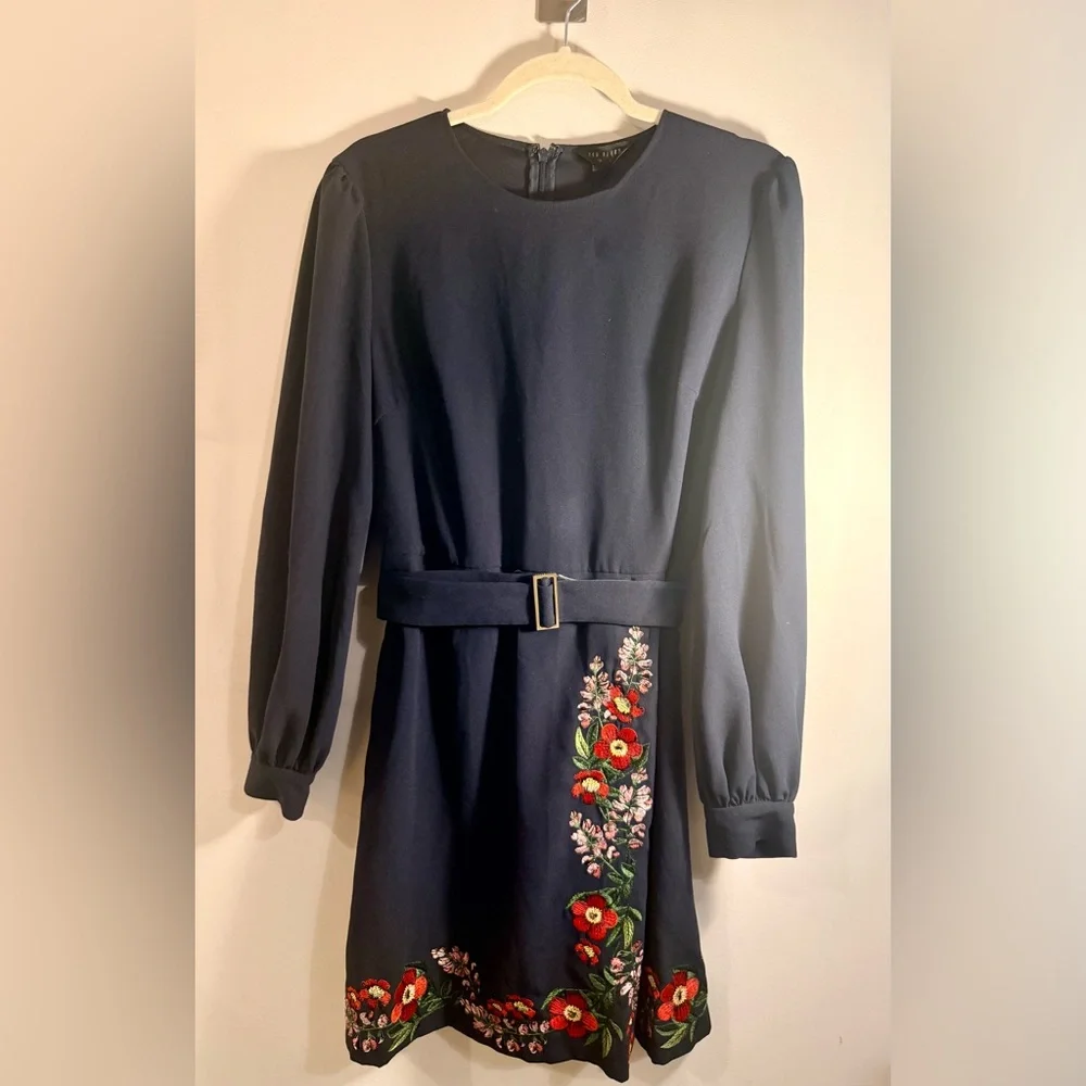 Ted Baker Navy Long Sleeved Dress with Floral Embroidery, Size 10 - Picture 5 of 14